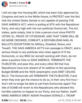 A tweet from Donald J. Trump (@realDonaldTrump), posted July 10, 2026 at 8:16 AM with 9.99K reposts and 38.5K likes, stating he will not sign the Housing Bill because it contains the SAVE AMERICA Act requiring proof of citizenship to vote. The post connects to the CBDC ban becoming law through 2030 without his signature, showing Trump's pattern of allowing certain legislation to become law without signing while explicitly opposing others.