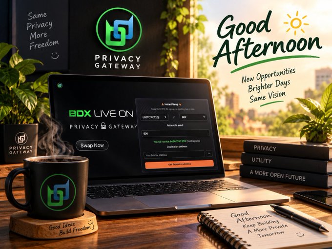 A promotional image for 'PRIVACY GATEWAY' showing a laptop on a desk with a 'Good Afternoon' message, along with branded coffee mug and notebook.