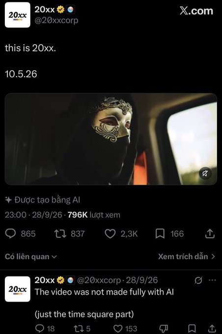 A Twitter/X post from user @20xxcorp dated 28/9/26 with 796K views, featuring a masked figure, includes a reply clarifying that only the Time Square portion was AI-generated.