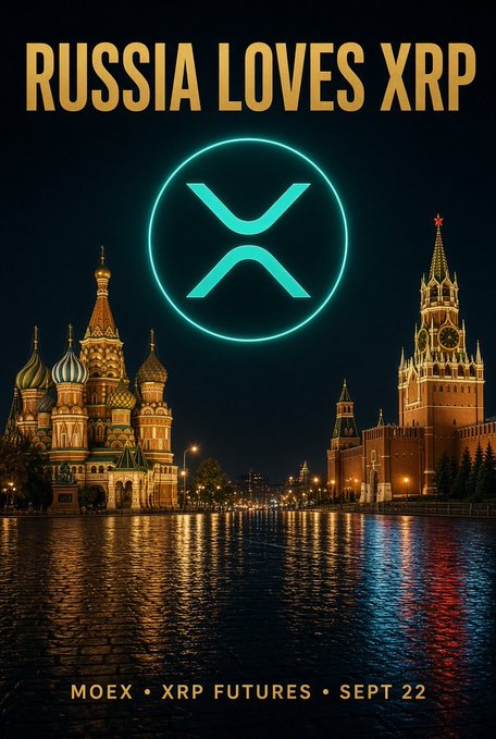 The image is a promotional graphic titled "RUSSIA LOVES XRP" featuring the illuminated teal XRP logo superimposed over a nighttime view of Moscow's Red Square, with St. Basil's Cathedral and the Kremlin visible alongside reflections on wet cobblestones. The bottom text reads "MOEX • XRP FUTURES • SEPT 22," tying directly to the post's announcement of the Moscow Exchange launching XRP perpetual futures trading.