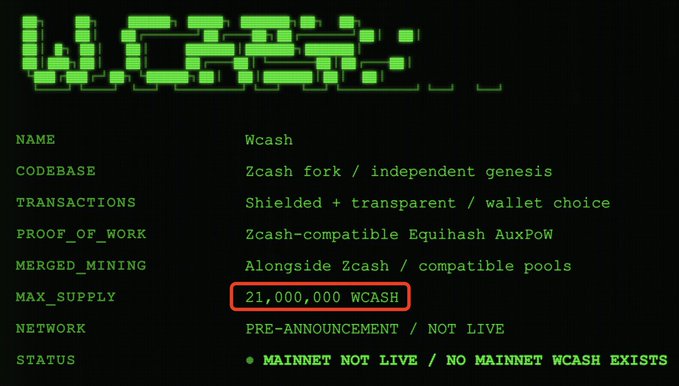 An infographic displaying details for a cryptocurrency called Wcash, including 'NAME: Wcash', 'CODEBASE: Zcash fork / independent genesis', and a highlighted 'MAX_SUPPLY: 21,000,000 WCASH', noting 'MAINNET NOT LIVE / NO MAINNET WCASH EXISTS'.