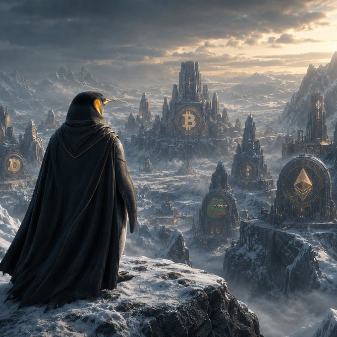 A penguin standing on a cliff overlooking a city with buildings, one of which has a "B" on it.