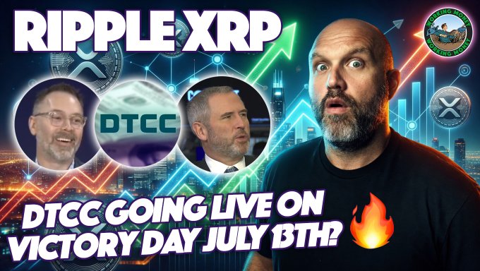 A YouTube thumbnail featuring a shocked bald man alongside smaller images of two other men, with prominent text reading "RIPPLE XRP" and "DTCC GOING LIVE ON VICTORY DAY JULY 13TH?" against a backdrop of XRP logos and upward-trending charts, promoting a video claiming the DTCC will begin real trades on Ripple-related chains starting July 13th.