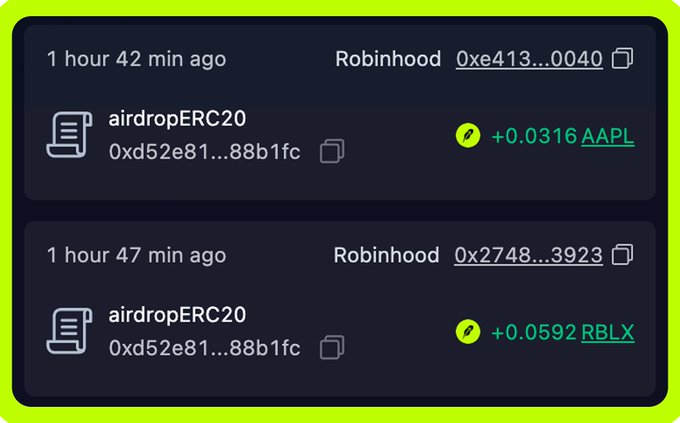 A screenshot of crypto airdrop transactions showing ERC20 token rewards from RobinHood addresses, including +0.0316 AAPL and +0.0592 RBLX.
