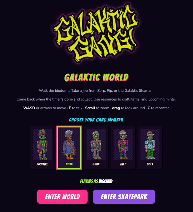 Video game character selection screen for 'GALAKTIC GANGS' showing a 'GALACTIC WORLD' menu with instructions and character options (Positive, Nova, Cink, Rift, Bolt), with Nova selected.
