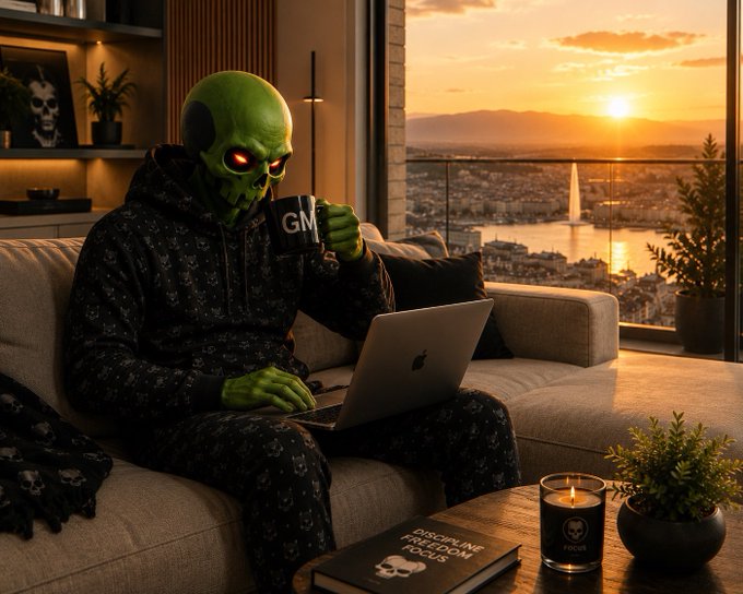 A green-skinned alien character in skull-patterned pajamas sitting on a couch with a laptop and a 'GM' mug, with books titled 'DISCIPLINE FREEDOM FOCUS' nearby, overlooking a sunset cityscape.