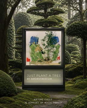 A framed picture of colorful children's artwork hanging in a magical forest setting with topiary trees, captioned "JUST PLANT A TREE BY AMORVOBISCUM" and "NATURE CALLS IN SUPPORT OF MAGIC FOREST."