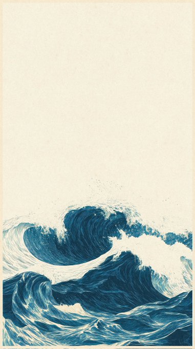 A blue-toned illustration of ocean waves crashing in the lower portion of a page with ample blank space above, resembling a classic ukiyo-e style print.