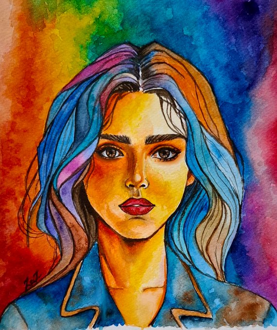 Vibrant watercolor portrait of a woman with flowing blue, purple, and orange hair, set against a rainbow-colored background, signed by the artist.