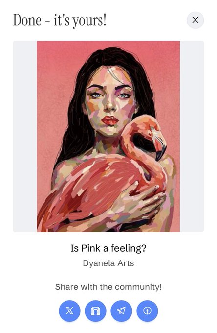 A digital painting titled "Is Pink a feeling?" by Dyanela Arts depicts a woman with dark hair cradling a pink flamingo against a coral background. The artwork, highlighted in the social media post, is being shared to promote purchasing art from Venezuelan artists as a form of support.