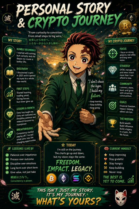 An anime-style infographic titled "PERSONAL STORY & CRYPTO JOURNEY" features a green-suited character with red hair surrounded by sections detailing humble beginnings, discovery, lessons, breakthrough, focus, strategy, and goals, ending with "FREEDOM. IMPACT. LEGACY."
