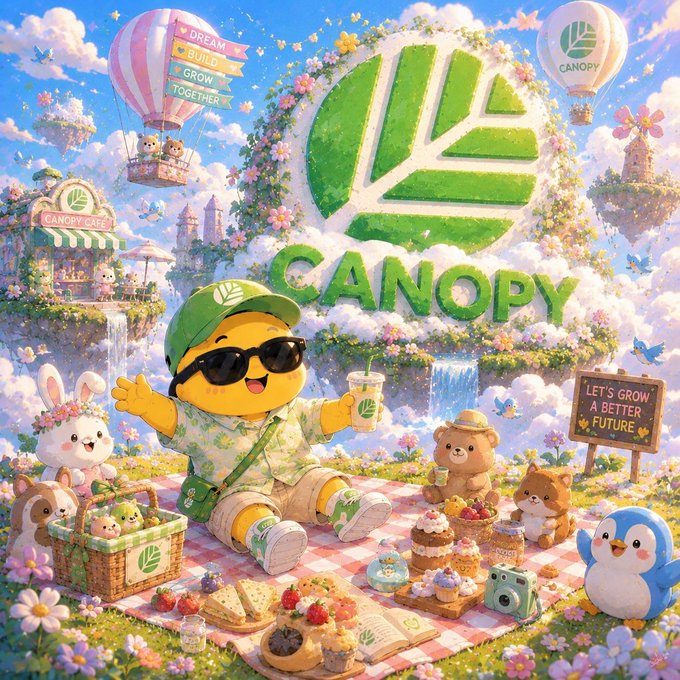 Colorful illustrated promotional image for Canopy featuring a yellow mascot in sunglasses at a picnic, surrounded by cute animals, with the slogan 'DREAM BUILD GROW TOGETHER'.