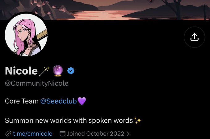 A profile screenshot of "Nicole" (@CommunityNicole), Core Team @Seedclub, featuring an anime-style avatar with pink hair and the tagline "Summon new worlds with spoken words," which the post warns is a scam account dropping fraudulent Discord links.
