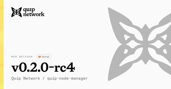 The image shows a white rectangular advertisement with a gray butterfly graphic design at its center, which appears to be written in black text. The title of the advertisement reads "@quip network", followed by the words "v 0.2 0-RC4" and "New release". It also mentions a "Quip Network: OSS toolkit and node manager." Below this central text, there is another description about why the @quip network is important.