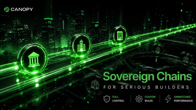 A futuristic green-lit cityscape showcases the "CANOPY" logo alongside "Sovereign Chains FOR SERIOUS BUILDERS," highlighting "FULL CONTROL," "CUSTOM RULES," and "UNMATCHED PERFORMANCE." The imagery of interconnected chains and institutional icons reflects the post's message about @CNPYNetwork solving blockchain ownership by offering dedicated infrastructure rather than competing for shared blockspace.
