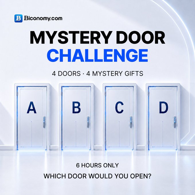 A promotional graphic from Biconomy.com titled 'MYSTERY DOOR CHALLENGE' featuring four white doors labeled A, B, C, and D, with the text '4 DOORS · 4 MYSTERY GIFTS', '6 HOURS ONLY', and 'WHICH DOOR WOULD YOU OPEN?'.