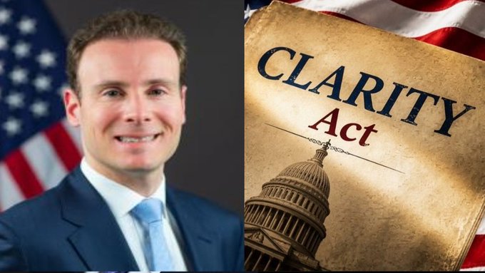 A split image shows a headshot of a smiling man in a suit on the left, and on the right, a graphic of the U.S. Capitol dome with the text 'CLARITY Act' on a parchment background overlaid on an American flag.