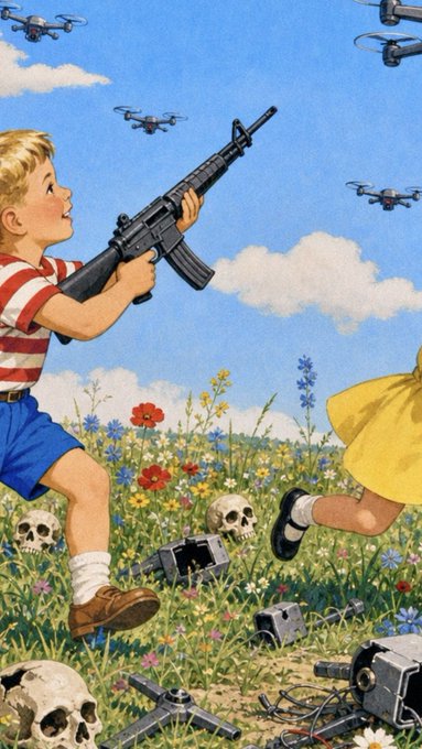 A vintage-style illustration shows a smiling young boy in a red-and-white striped shirt aiming a large assault rifle skyward at hovering drones, while a girl in a yellow dress flees through a flower-filled meadow littered with human skulls and destroyed tech. The cheerful, nostalgic artwork is juxtaposed darkly against the post's announcement of limited "FUN WITH DICK AND JANE" NFT editions, critiquing the innocence of childhood imagery through a lens of violence and technology.