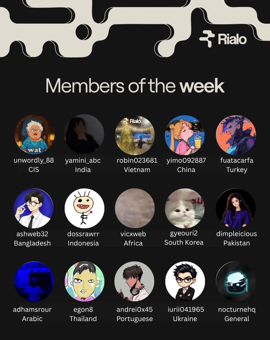 The image showcases "Members of the Week" from Rialo, featuring 15 community members from diverse countries including CIS, India, Vietnam, China, Turkey, Bangladesh, Indonesia, Africa, South Korea, Pakistan, Arabic, Thailand, Portuguese, Ukraine, and General regions, each represented by a circular avatar with their username and location. The graphic celebrates the post's message about recognizing consistent contributors who help build the Rialo ecosystem globally.