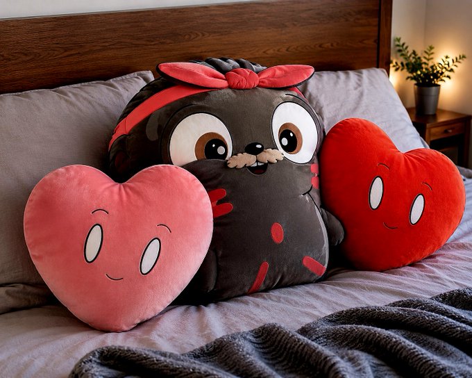 Three plush pillows rest on a bed with grey bedding: a central large brown character pillow with a red headband, flanked by a pink heart pillow and a red heart pillow, both with smiling faces.