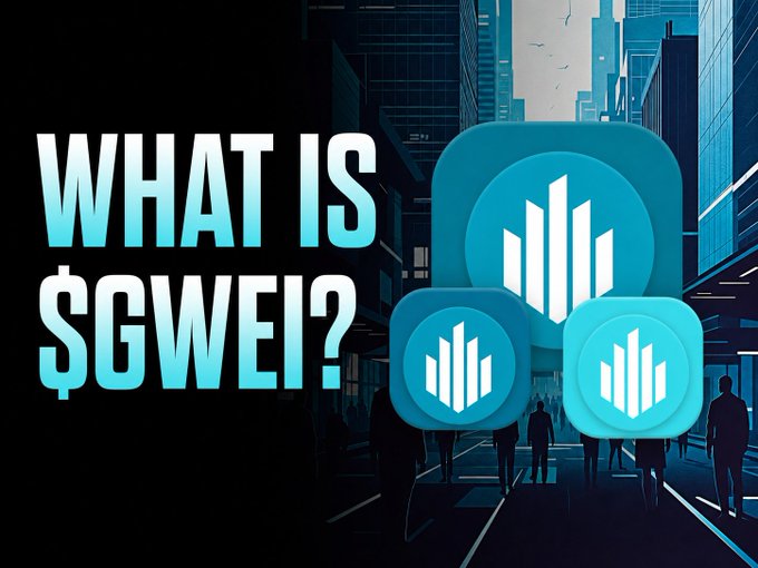 Digital banner with the text 'WHAT IS $GWEI?' displayed alongside blue blockchain-themed icons against a dark cityscape background.