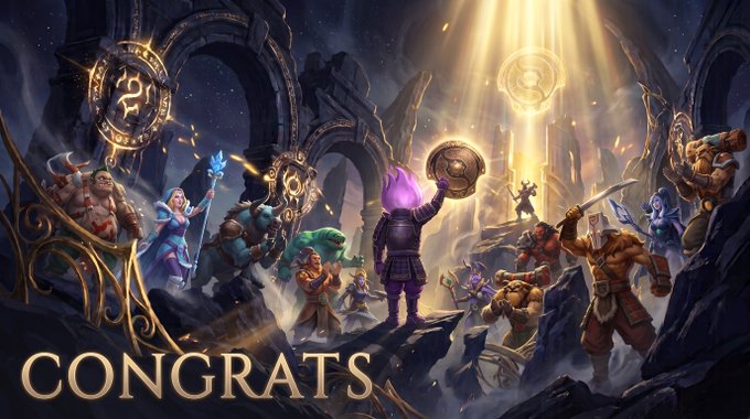 A fantasy artwork depicting various characters celebrating in a glowing temple setting with the word 'CONGRATS' displayed at the bottom.