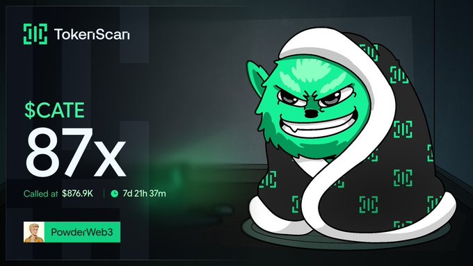 A TokenScan graphic for '$CATE' showing an '87x' return, 'Called at $876.9K', and a 3D green cat character in a hoodie labeled 'PowderWeb3'.