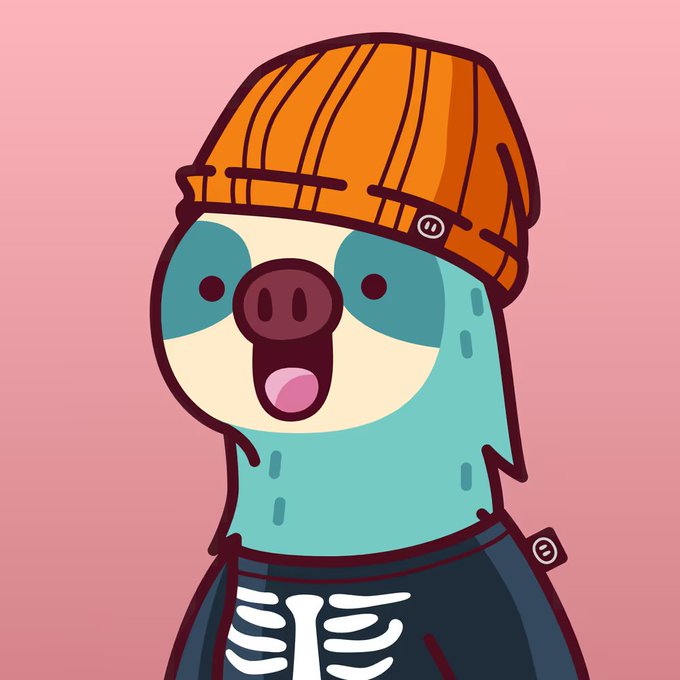 A cartoon illustration of a teal-colored sloth-like character wearing an orange beanie and a skeleton-print shirt, with an open-mouthed surprised expression.