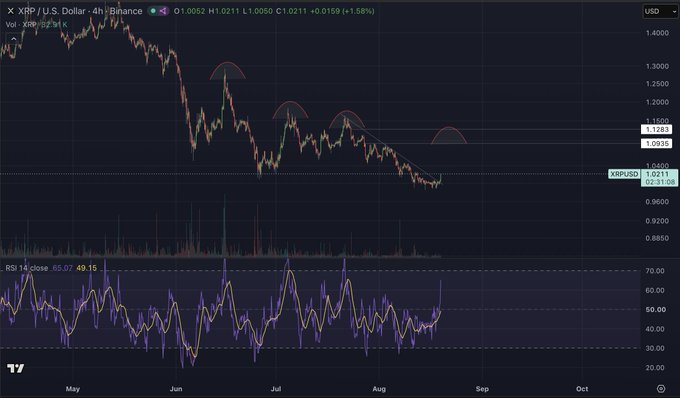 A TradingView 4-hour candlestick chart for XRP/USD on Binance showing the price declining from ~$1.40 down to $1.02 (+1.58%), with the RSI 14 currently reading 49.15 below. Red arc annotations highlight key resistance levels around $1.20–$1.35, illustrating the analyst's plan to watch for a retest of this zone before potentially shorting if the RSI shows overbought conditions.
