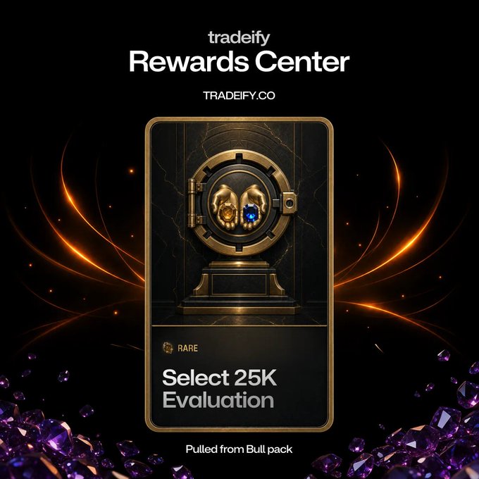 A digital trading card for 'tradeify Rewards Center' showing a gold vault with two gems inside, labeled 'Select 25K Evaluation' and 'Pulled from Bull pack'.