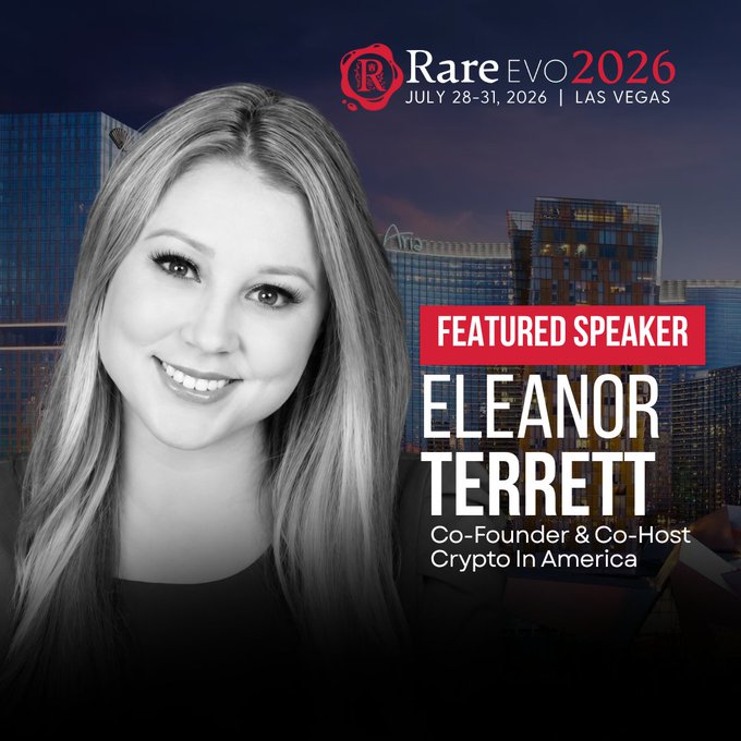 A promotional graphic for Rare EVO 2026 (July 28-31, 2026, Las Vegas) featuring featured speaker Eleanor Terrett, Co-Founder & Co-Host of Crypto In America.