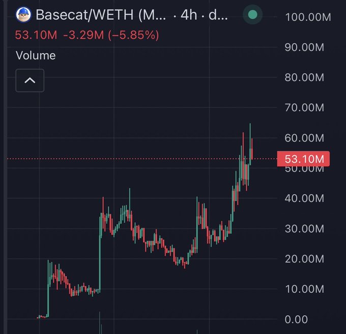 A candlestick chart titled "Basecat/WETH" on a 4h timeframe shows trading volume with a current reading of 53.10M, down 3.29M (-5.85%) from its peak near 65M. The chart illustrates recent volatility and a pullback after a sharp rally, aligning with the post's bullish sentiment about $BASECAT hitting new all-time highs despite the short-term dip.