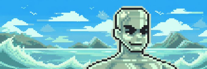 Pixel art of a silver metallic humanoid figure against a blue sky and ocean background.