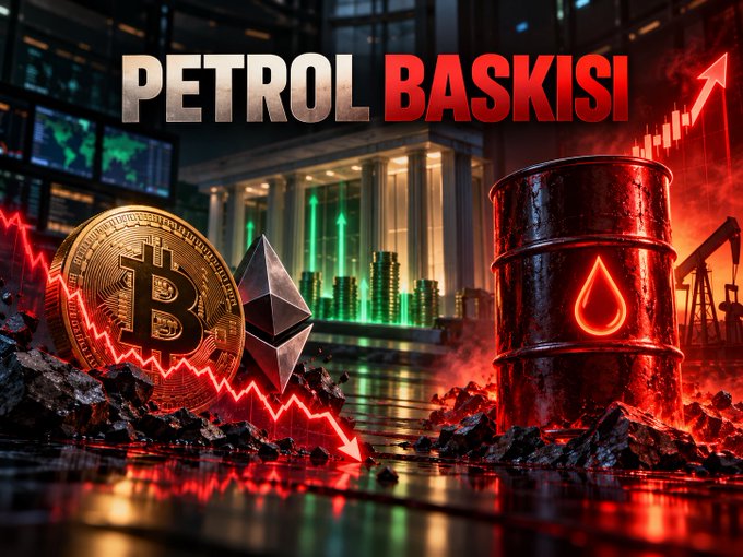 A dramatic financial graphic titled 'PETROL BASKISI' featuring a Bitcoin coin, Ethereum logo, and a glowing red oil barrel against a backdrop of stock charts and an upward red arrow.