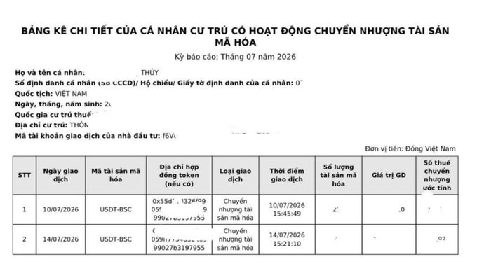 A Vietnamese crypto transaction statement titled 'BẢNG KÊ CHI TIẾT CỦA CÁ NHÂN CƯ TRÚ CÓ HOẠT ĐỘNG CHUYỂN NHƯỢNG TÀI SẢN MÃ HÓA' for July 2026, showing USDT-BSC transfer transactions.