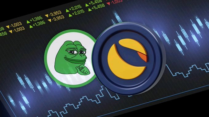 The image features a cartoon character of a frog with green eyes, sitting next to two coins labeled "Pepe" and "Luna". The backdrop behind these coins appears to be a stock chart or graph related to cryptocurrency trading, with blue lines representing the fluctuating stock prices in different regions around the world.