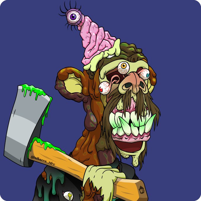 A grotesque cartoon illustration of a zombie-like character with multiple bloodshot eyes, a brain topped with an eyeball on its head, large green teeth, and carrying a cleaver dripping with green slime, signed by @albarra_tdrc.