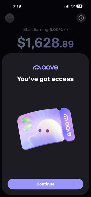 A smartphone screenshot showing an app called "aave" with a balance of $1,628.89, displaying "Start Earning 6.00%" and a confirmation message that reads "You've got access."