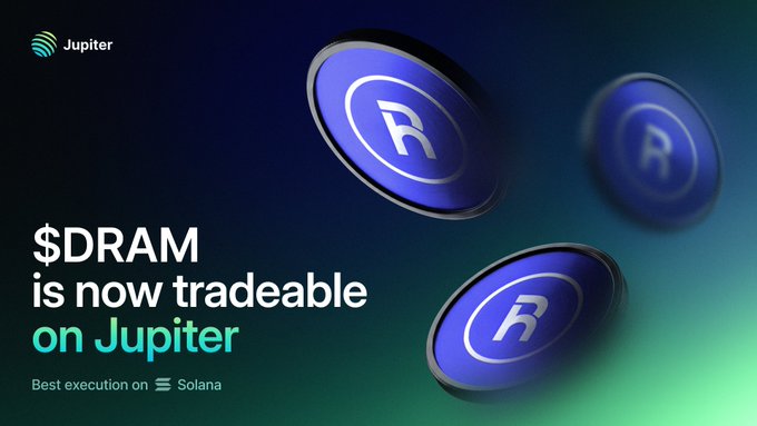 A promotional graphic featuring Jupiter's logo and three blue coin tokens with the "R" symbol, announcing "$DRAM is now tradeable on Jupiter" with the tagline "Best execution on Solana," directly supporting the announcement of DRAM's day-one availability across all Jupiter trading venues.
