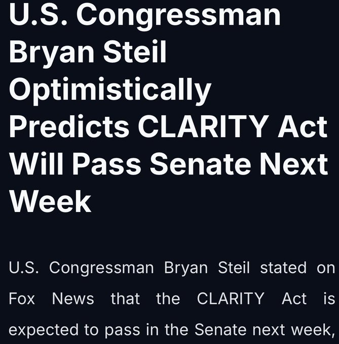 A headline reads 'U.S. Congressman Bryan Steil Optimistically Predicts CLARITY Act Will Pass Senate Next Week,' with text below mentioning his statement on Fox News.
