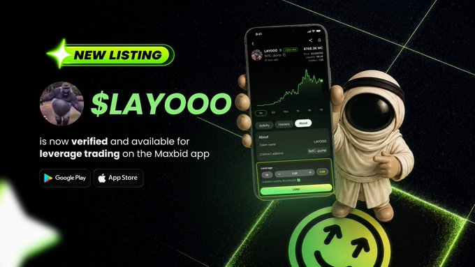 Promotional graphic announcing a new listing for '$LAYOOO' on the Maxbid app, featuring a phone displaying a trading chart and an astronaut mascot.