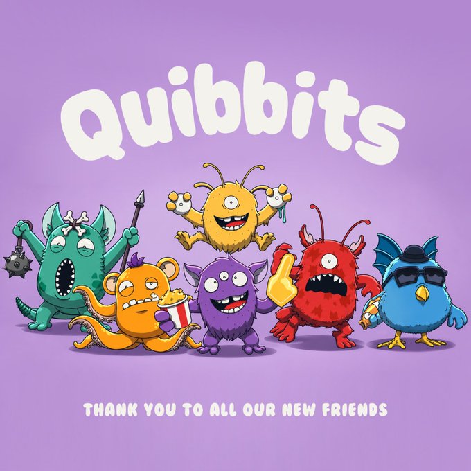 The image displays six colorful cartoon monster characters under the title "Quibbits" with the tagline "THANK YOU TO ALL OUR NEW FRIENDS" on a purple background, visually representing the playful NFT collection referenced in the post about finding their "forever humans."