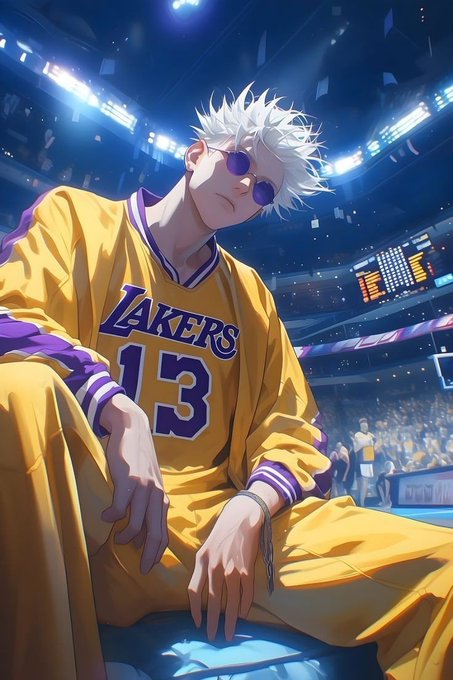 An anime-style illustration depicts a white-haired character wearing sunglasses and a yellow Lakers jersey with the number 13.