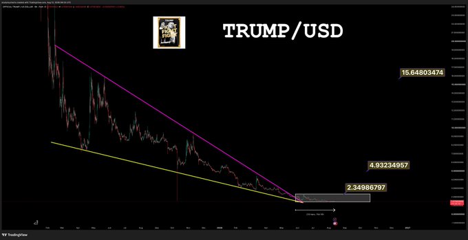 A financial chart titled 'TRUMP/USD' displays a steep downward price trend with annotated values including 15.64803474, 4.93234957, and 2.34986797, alongside a 'MAGI PROPH' meme image.