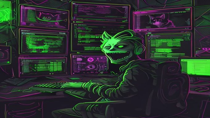 Neon green and purple cyberpunk illustration of a hooded figure wearing a glowing demonic mask, typing at a multi-monitor computer setup displaying code and cat images.