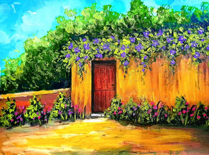 An impressionistic painting features a rustic building with an orange wall and a red door, covered in green foliage and purple flowers under a bright blue sky.