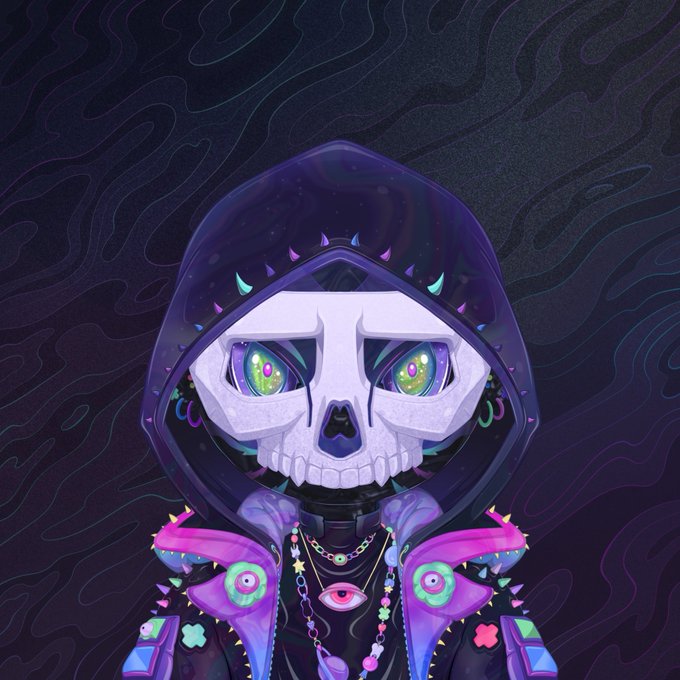 A stylized digital illustration of a character wearing a dark hood and a white skull mask with glowing green eyes, adorned with purple spikes and charms.