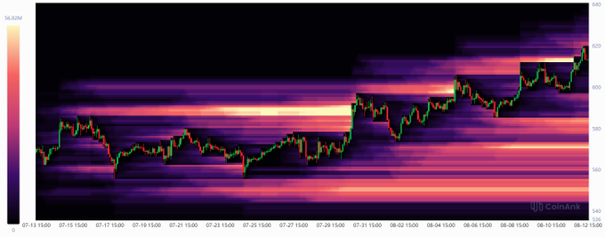 A dark heatmap chart from CoinAnk shows price movement over time on 07-13 to 08-10, with horizontal yellow/orange bands indicating liquidity zones.
