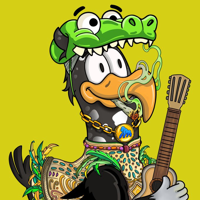 Cartoon illustration of a black duck character wearing a green crocodile hat, gold chains, and a patterned sweater, holding a guitar, set against a yellow background.