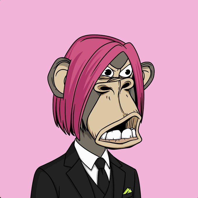 A cartoon illustration of a serious-looking ape/ape-like character with pink hair wearing a black suit and tie against a pink background.